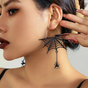 Halloween Sweet Cool Spider Mesh Fringe Earrings Dark Wind Metal Cutout